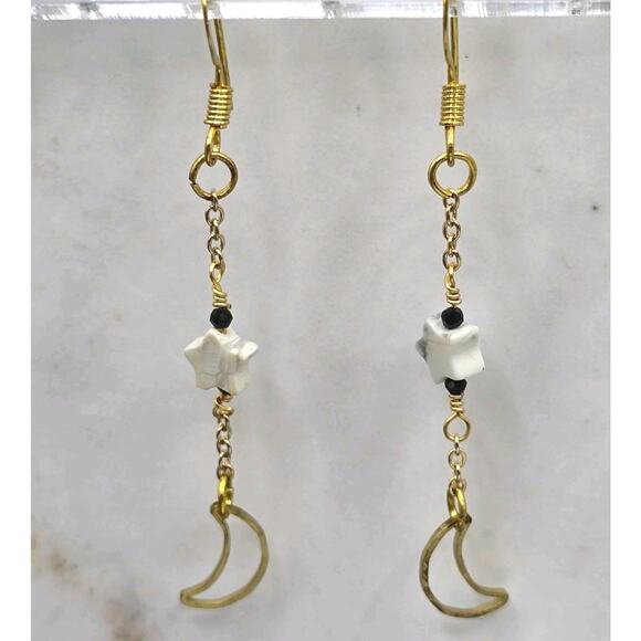 Minimalist Moon Star Earrings Pierced Gold Tone Celestial Themed French Wire - Picture 2 of 5